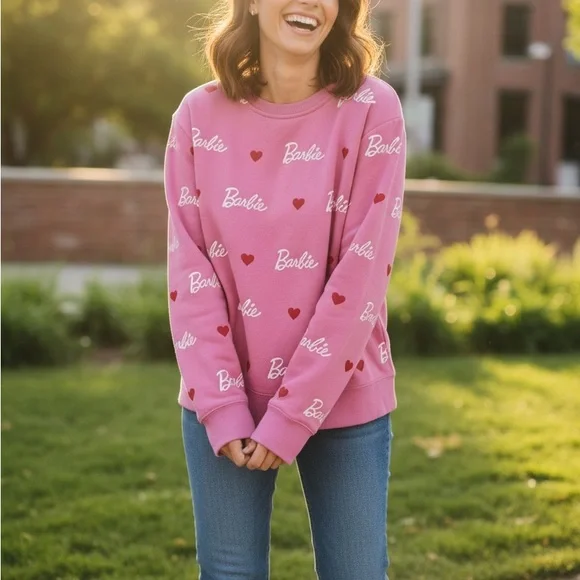 Barbie Pink Logo &  Hearts Sweatshirt Size XL - Picture 4 of 9